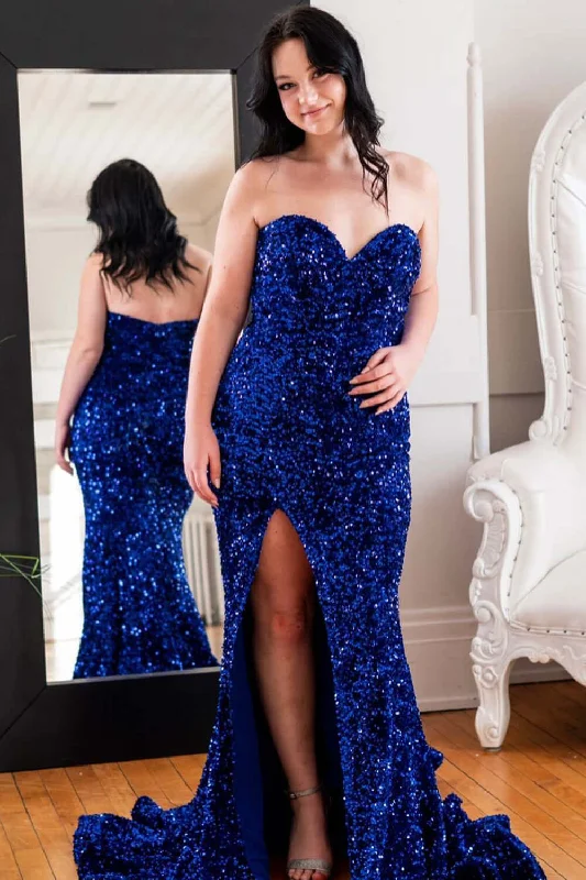 plus-size prom dressesSparkly Plus Size Sequins Royal Blue Prom Dresses Mermaid Long Dress with Slit