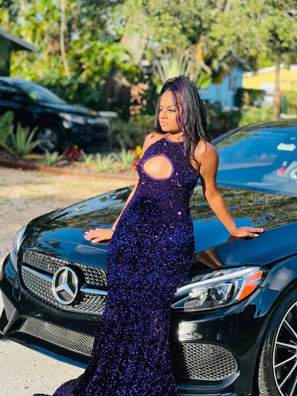 prom dress accessoriesSparkly Purple Sequined Prom Dresses 2024 Black Girls Mermaid Formal Dress