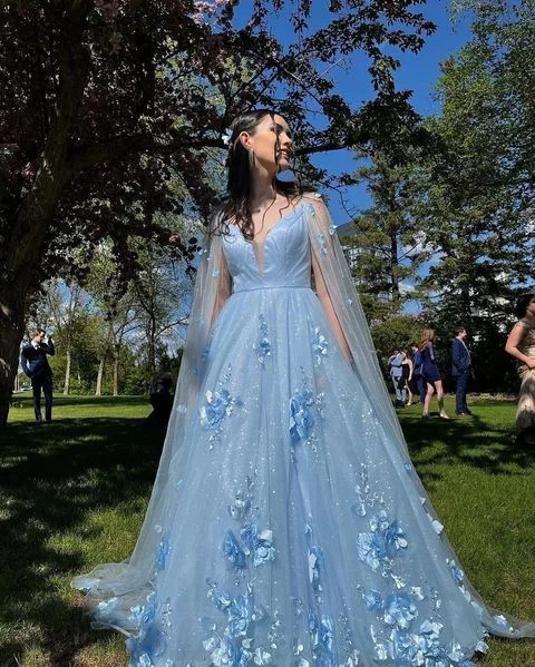 prom dresses for pear shapesSparkly Tulle Blue V Neck Cheap Prom Dresses 3D Flowers with Cape