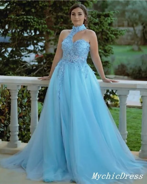 pastel prom dressesUnique Lace Halter Prom Dresses Blue Tulle Applique Formal Dresses