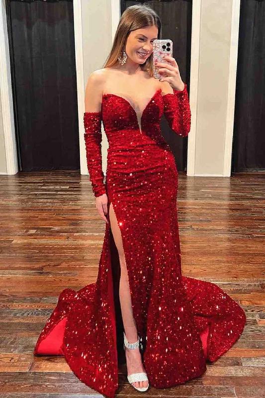 tulle prom dressesUnique Red Mermaid V Neck Prom Dresses Long Sleeves Sweetheart with Split