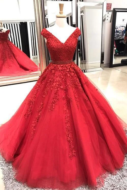 off-the-shoulder prom dressesV Neck Prom Dresses Red Lace Formal Gowns A Line Sleeveless Beaded Belt