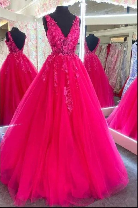 prom dresses for plus-size figuresV Neckline Hot Pink Prom Dress Custom Made Formal Dress Long