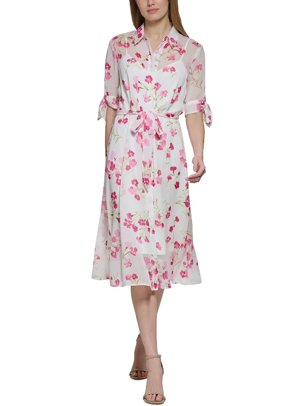 long-sleeved floral midi dressesWomens Chiffon Mid-Calf Fit & Flare Dress