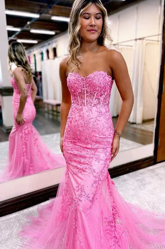 mermaid prom dressesHot Pink Floral Lace Long Prom Dress Mermaid Sweetheart Graduation Dresses