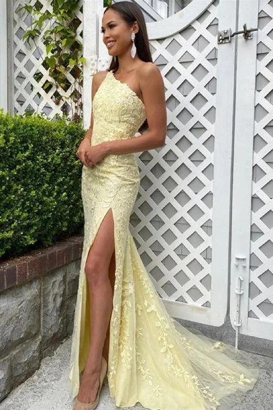 backless prom dressesYellow Lace One Shoulder Prom Dresses Long Mermaid Formal Dresses UK